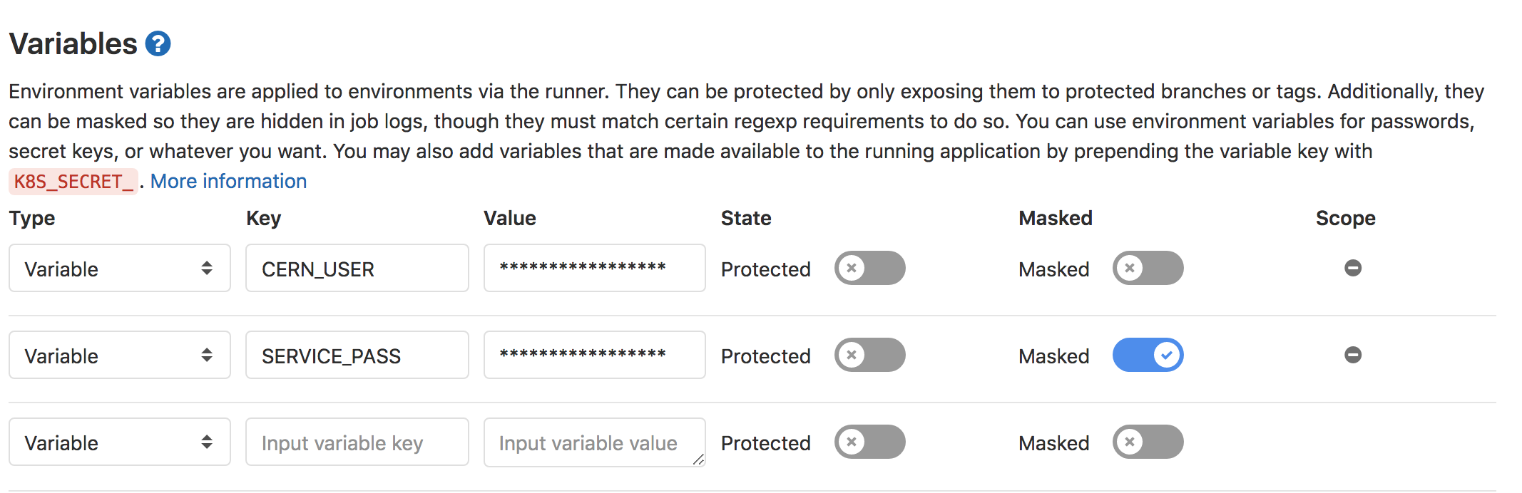 CI/CD Variables Specified