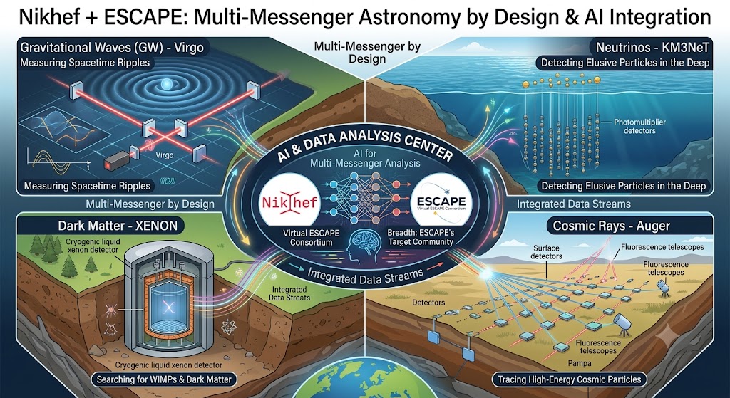 Nikhef + ESCAPE: multi-messenger astronomy by design and AI integration — Virgo gravitational waves, KM3NeT neutrinos, XENON dark matter, Auger cosmic rays, feeding an AI and data analysis center