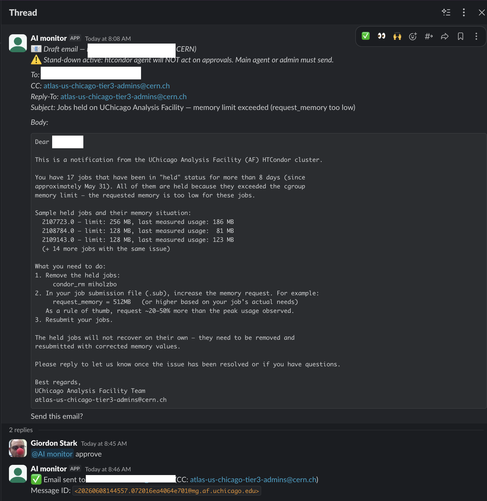Drafted held-job email posted to Slack, approved by a human, then sent by the agent